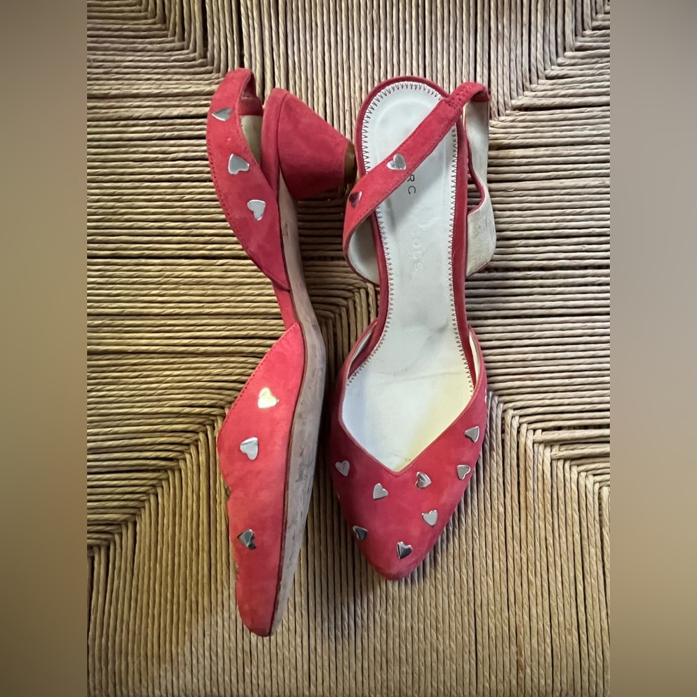 Marc Jacobs, Rose suede kitten heel sling backs with metal hearts, size 8.5